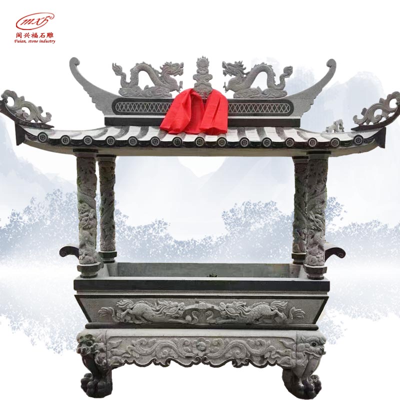 厂家石材供应寺庙祠堂长方形花岗岩香炉加盖大理石石材雕龙刻字描金香炉 