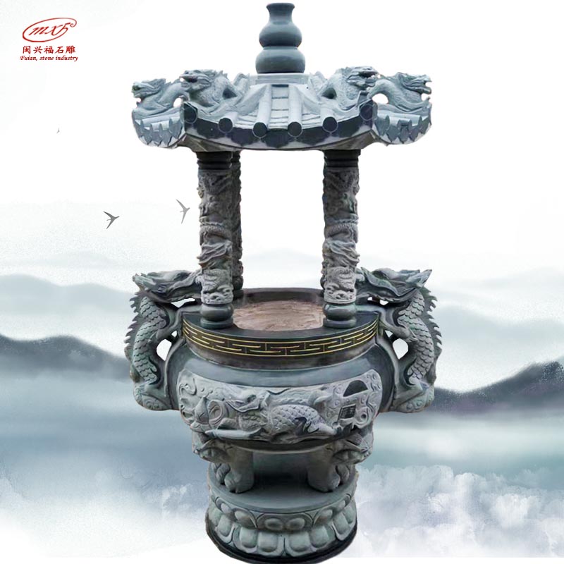 祠堂寺庙芝麻黑双龙香炉雕刻石材圆形方形石香炉带盖摆件MXFSD