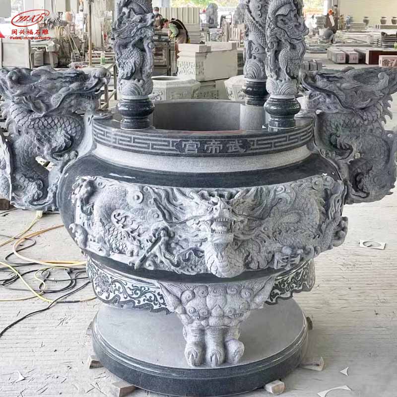 祠堂寺庙圆形大理石香炉传统古建供奉烧香炉具双龙青石香炉带盖
