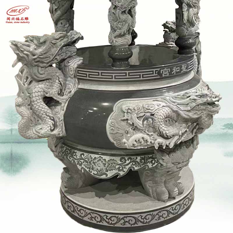 祠堂寺庙圆形大理石香炉传统古建供奉烧香炉具双龙青石香炉带盖